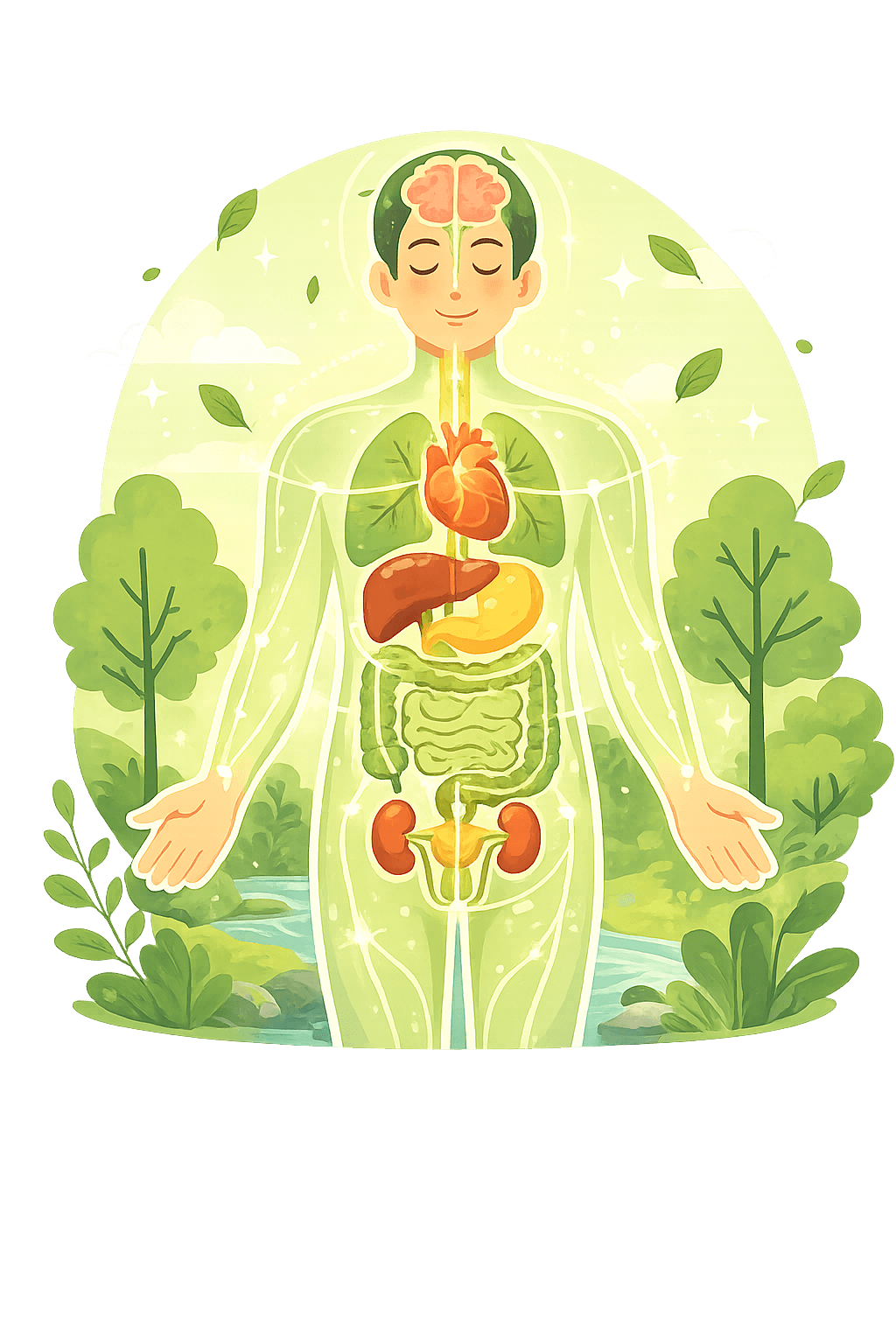 Ilustración de una persona en calma con sus órganos sanos y en sintonía, rodeada de árboles, hojas y agua: el bienestar que nace desde el interior.